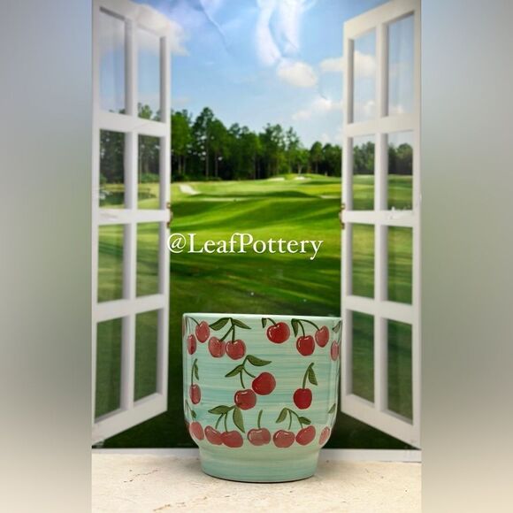 Other - Cherry Patterned Blue/Red Ceramic Planter without drainage hole